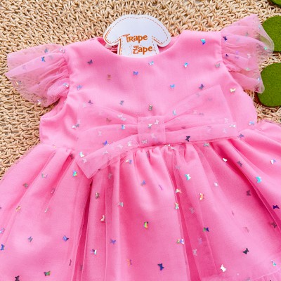 Vestido com Tule e Borboletinhas holográficas - Rosa Chiclete